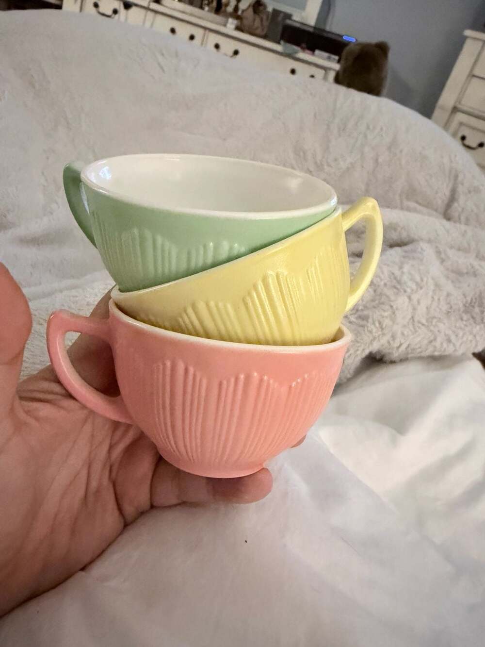 Vtg Cremax Bordette Flat Cup Set  Of Three MacBeth-Evans Uranium Glass